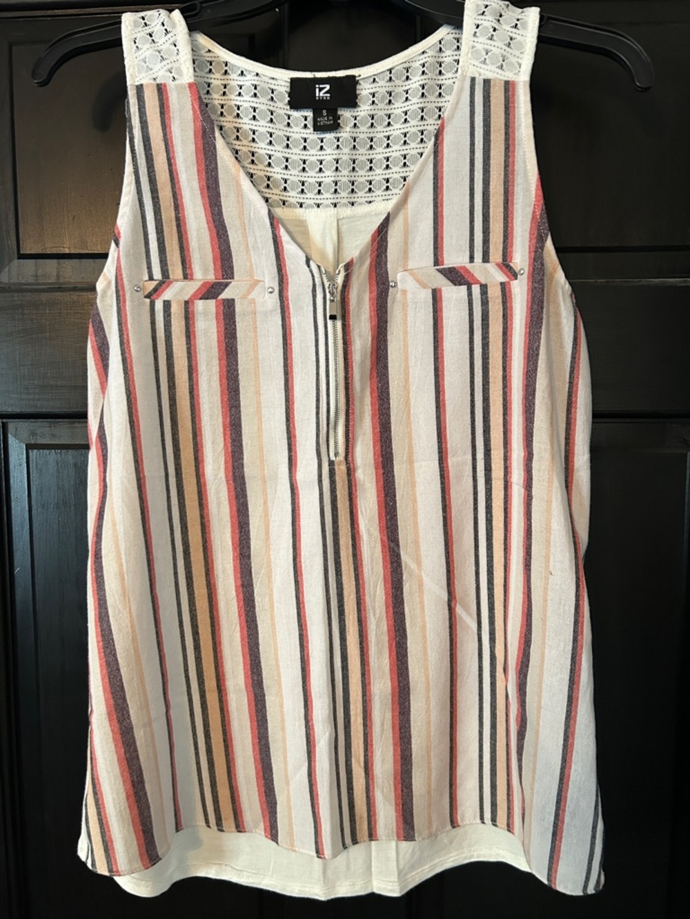 NWOT Iz Byer Cream Striped Sleeveless Zip Tank with Crochet Yoke